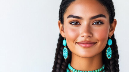Beautiful Native American woman with long braided hair and a serene smile wearing a turquoise necklace standing confidently against a bright white background 