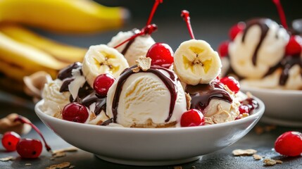 Delicious Banana Split With Ice Cream and Toppings