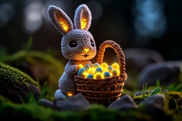 Obraz premium Pixel art Easter bunny, holding a basket of tiny glowing eggs