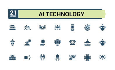 Set of solid icons like AI technology. Related to Future technology, internet, network, programming and more. Editable filled icon collection. pixel perfect. Vector illustration.