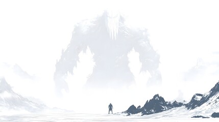 Towering Frost Giant Silhouette Overlooking Mountainous Landscape in Minimalist Line Art