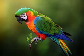 Obraz premium Pixel art parrot with vibrant colors, perched on a tiny tree branch