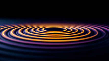 Fototapeta premium Circular sound ripples expand from the center in radiant yellows and purples creating a visual symphony of waves against a deep black backdrop 