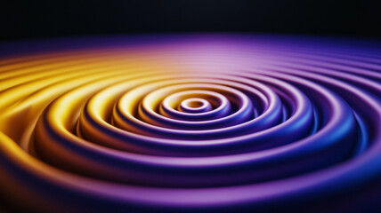 Fototapeta premium Circular sound ripples expand from the center in radiant yellows and purples creating a visual symphony of waves against a deep black backdrop 