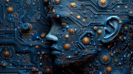Artificial Intelligence Face Integrated with Circuit Board, AI Concept, Machine Learning, 3D Render.