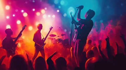 Silhouettes of band and crowd at a concert.