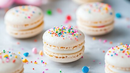 Fototapeta premium Delightful Birthday Cake Flavored Macarons with Sprinkles