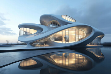 Obraz premium large, white building with many windows and a pool. The building is curved and has a unique design