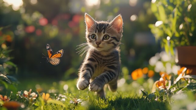 A playful kitten chases a butterfly in a garden.