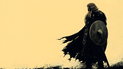Naklejka premium Fierce Viking Warrior Silhouette Holding Shield on Dramatic Anime-inspired Background