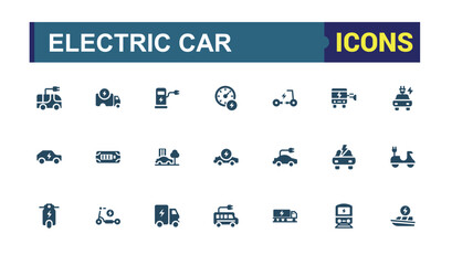 Set of solid electric car icons. Related to e-car, electric scooter and power. Filled icon collection for web and ui. Editable flat Vector illustration. Pixel perfect icons pack.