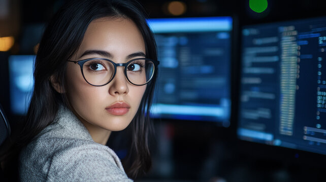 Female cryptographer decoding encrypted messages on a high-tech computer her workspace cluttered with cryptic symbols and code sheets as she concentrates intensely 