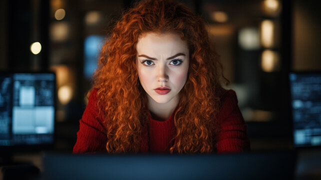 Female cryptographer decoding encrypted messages on a high-tech computer her workspace cluttered with cryptic symbols and code sheets as she concentrates intensely 