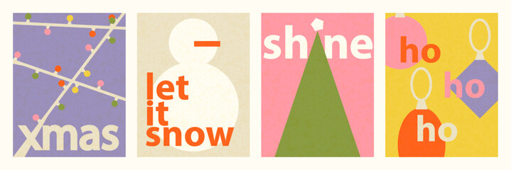 Merry Christmas and Happy New Year abstract greeting card set. Modern beautiful geometry Xmas design with typography, balls, snowman. Minimal art banner, poster, cover templates