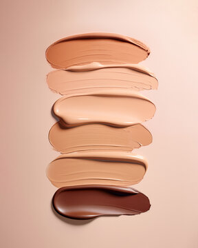 Group of foundation swatches. Texture of makeup base in different shades of beige. Vertical close-up, flatlay