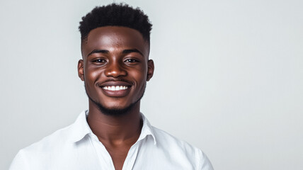 Fototapeta premium Handsome African man with a bright smile wearing a casual white shirt his clean-shaven face beaming against a white background 