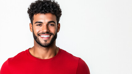 Obraz premium Handsome Afro-Brazilian man with a radiant smile and curly black hair wearing a casual red t-shirt standing confidently on a white background 