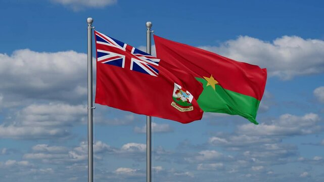Burkina Faso and The Bermudas flags flying together, video concept of the relationship, two country relations concept