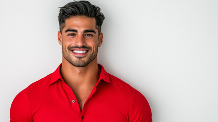 Fototapeta premium Handsome Latino man with a warm smile and slicked-back hair wearing a casual red shirt looking friendly and approachable on a white background 