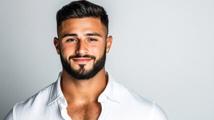 Obraz premium Handsome Middle Eastern man with a close-cropped beard and deep-set eyes smiling gently in a white linen shirt isolated on a white background 