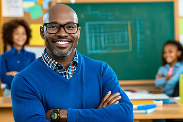 Middle age smiling African man teacher with glasses in a blue sweater stands in front of a chalkboard in a school classroom, explaining a lesson. Copy space.