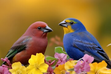Obraz premium Rare rainbow-colored bird perched among tropical flowers
