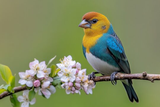 Rare multicolored bird perched on a blooming branch, showing off vibrant plumage