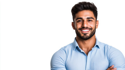 Fototapeta premium Handsome South Asian man with a confident smile and well-groomed beard dressed in a crisp blue shirt radiating charm against a white background 