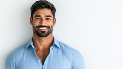 Obraz premium Handsome South Asian man with a confident smile and well-groomed beard dressed in a crisp blue shirt radiating charm against a white background 