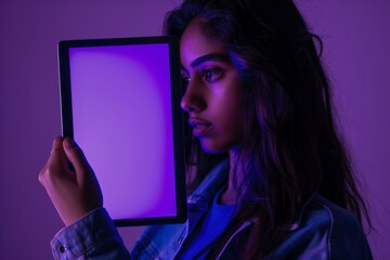 App view indian woman in her 20s holding a tablet with a completely purple screen