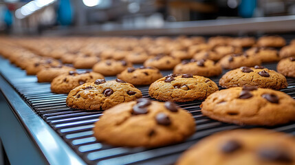 Freshly baked cookies cooling on a conveyor belt in a factory.