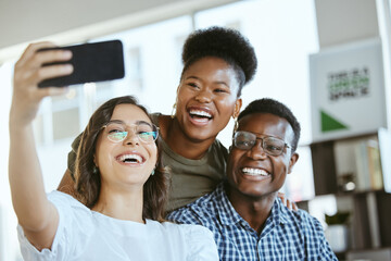 Happy, business people and team with selfie for photography, picture or memory together at office. Young group, friends or employees with smile in joy for capture, moment or social media at workplace