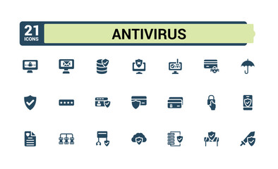 Antivirus icons solid collection. Set of security,  scan, protection and password. Filled icons for web and ui design. Editable and pixel perfect symbol pack.