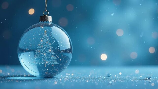 Blue crystal Christmas ball on a blue background with bokeh and snow.