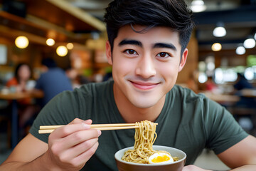 Happy Korean man enjoys ramen noodles with chopsticks at an Asian restaurant, capturing a moment of culinary delight.