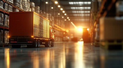 Fototapeta premium cargo truck unloading goods at warehouse during sunset, creating warm and inviting atmosphere. scene captures essence of logistics and transportation