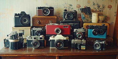 Vintage cameras on a wooden table.