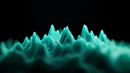 Shimmering soundwave peaks made of radiant blues and greens rise and fall against a deep black background vibrant with motion and energy 