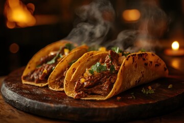 gourmet mexican cuisine, delicious birria tacos served on a handmade wooden plate, with steam wafting up, in a cozy kitchen lit by candles