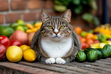 Seller cat sitting at a market stall, surrounded by fruits and vegetables