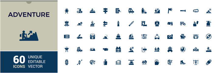 Adventure solid icons Pack. Related to hike, journey, diving, running, camera, risk, jumping and more flat icon collection. Editable filled icons set. Pixel perfect vector illustration.
