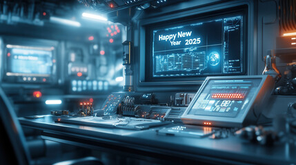 Fototapeta premium futuristic space station interior featuring advanced technology and screens displaying Happy New Year 2025. atmosphere is vibrant and celebratory, perfect for welcoming new year