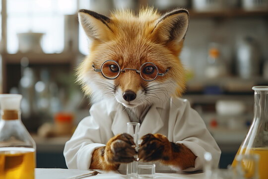 In a lively laboratory, a fox wearing glasses and a lab coat carefully experiments with test tubes and beakers, showcasing a whimsical blend of science and imagination in action - Powered by Adobe