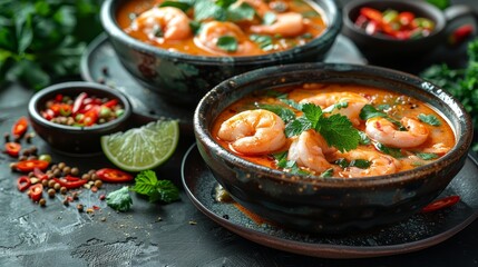 Spicy Thai Shrimp Soup with Lemongrass, Galangal and Kaffir Lime Leaves, Traditional Thai Food, with copy space