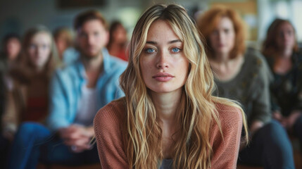 Sad depressed young woman at a mental health and addiction support group meeting.