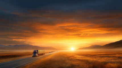 Obraz premium large truck convoy transporting goods across scenic landscape at sunset, showcasing beauty of nature and journey of transportation. warm colors of sky create serene atmosphere