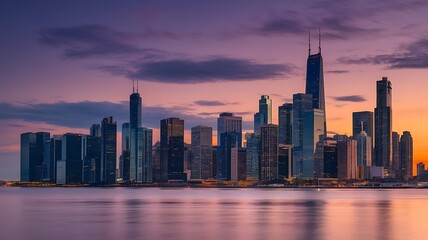 Obraz premium City Skyline at Dusk with Prominent Arch and Vibrant Sky Reflections on Water
