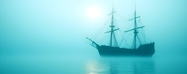 Fototapeta premium Eerie Beach Scene with Cursed Pirate Ship and Ghostly Crew - Enigmatic Fog and Glowing Treasure Under the Moonlight