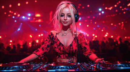 young beautiful woman playing DJ at club