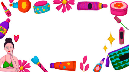 Horizontal frame woman and cosmetics, digital painting with cartoon lines, bright colors in a pop art style